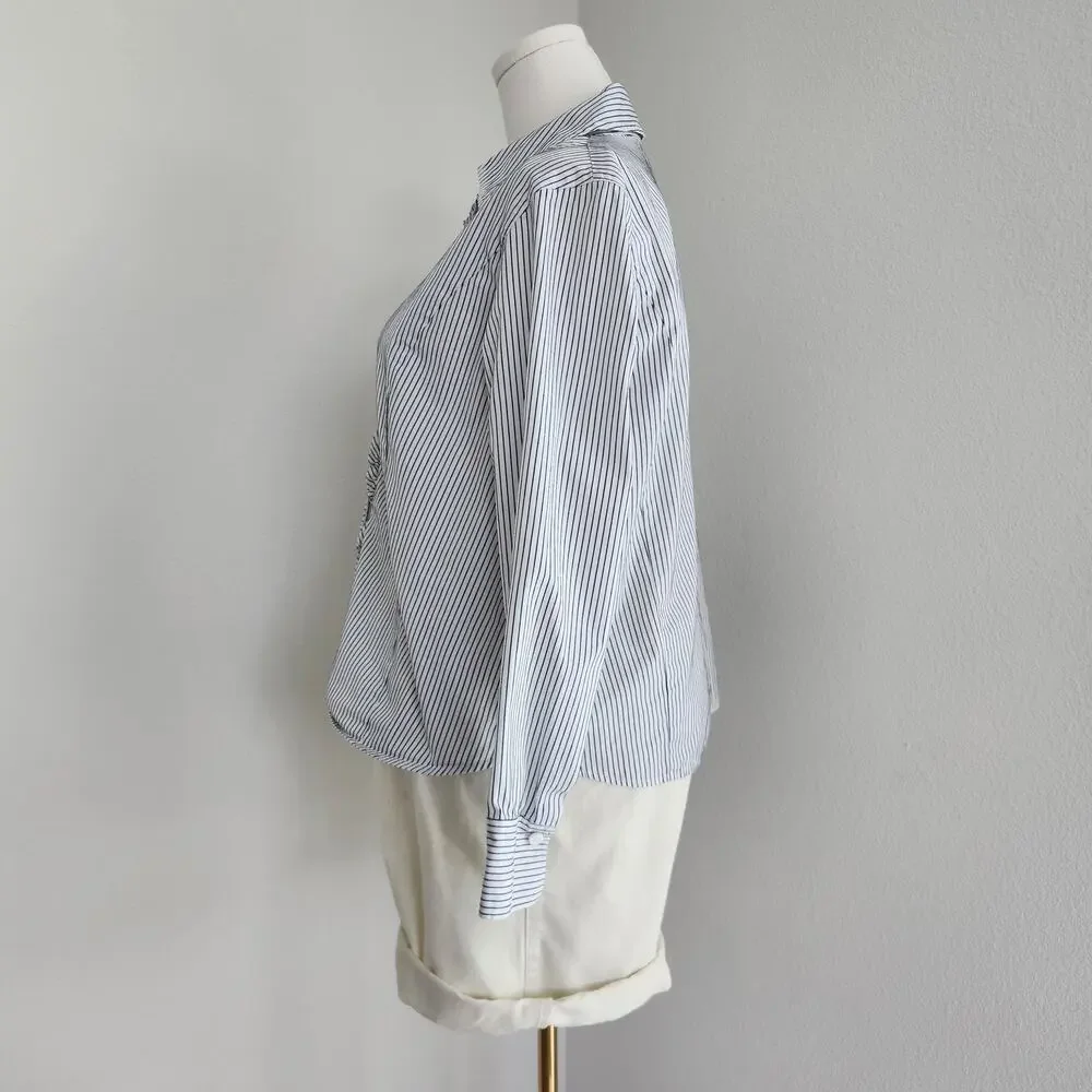 Vintage Y2K White Blue Striped Ruffle Button Down Long Sleeve Shirt Talbots L XL